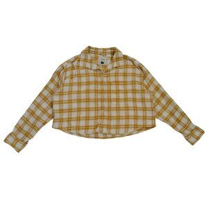 American Eagle Womens Yellow & White Plaid Cropped Button-Up Shirt L.